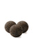 Three dark brown fuzzy wool dryer balls made from natural wool for eco-friendly drying and softening clothes