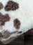 A plush cream-colored tibet highland spotted blanket with soft brown cow-print patches made from grade a- sheepskins