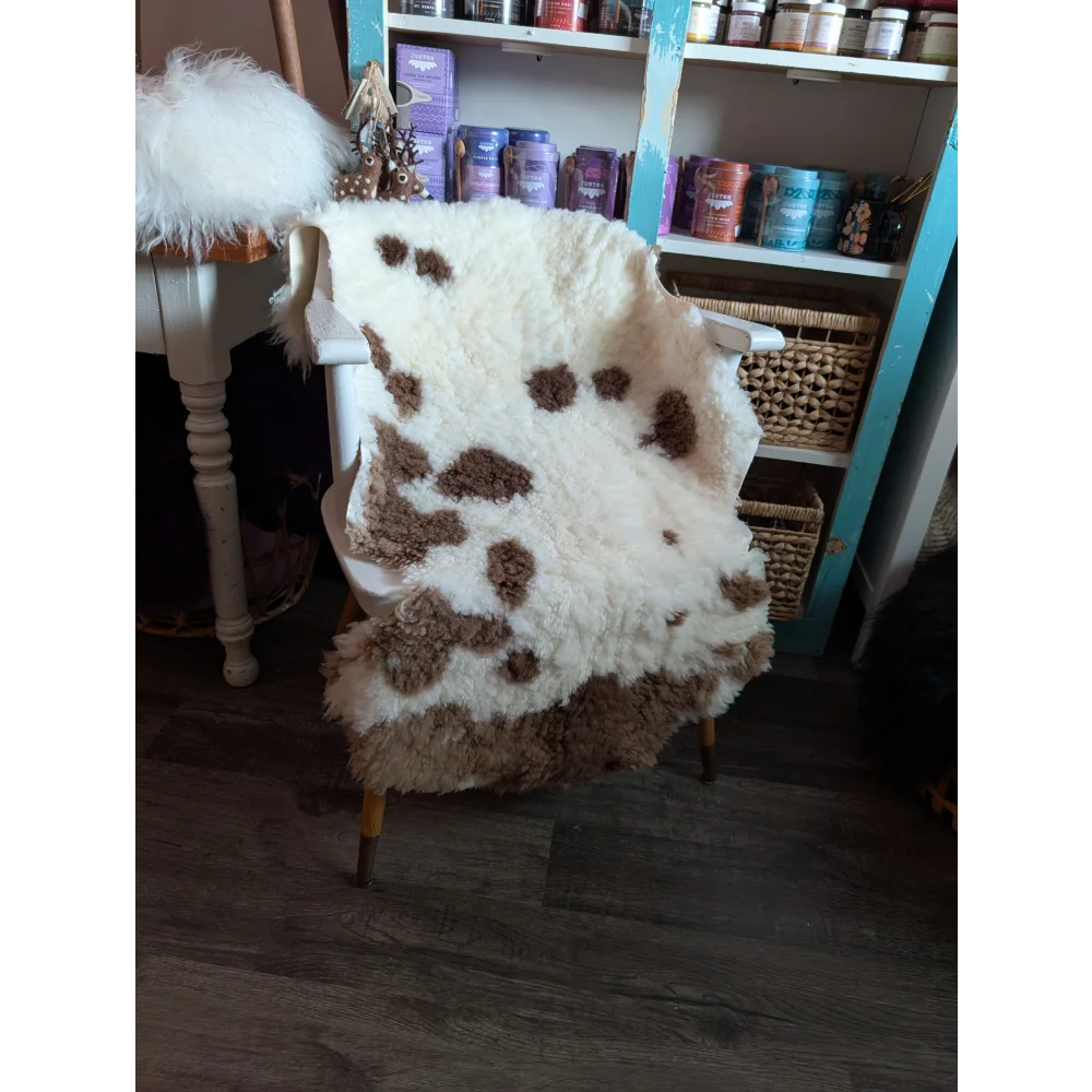 A plush white and brown tibet highland spotted grade a- sheepskin rug draped over a chair