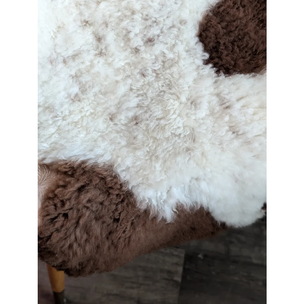 A plush curly white and brown tibet highland spotted grade a- sheepskin rug with soft fluffy texture