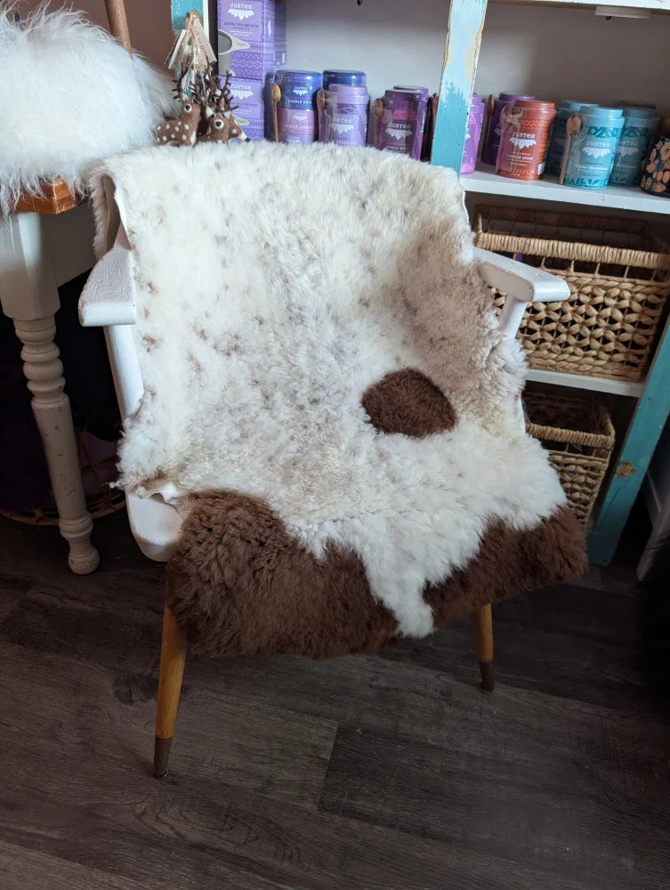 White and brown tibet highland spotted grade a- sheepskin chair cover draped over white wooden armchair with yellow legs