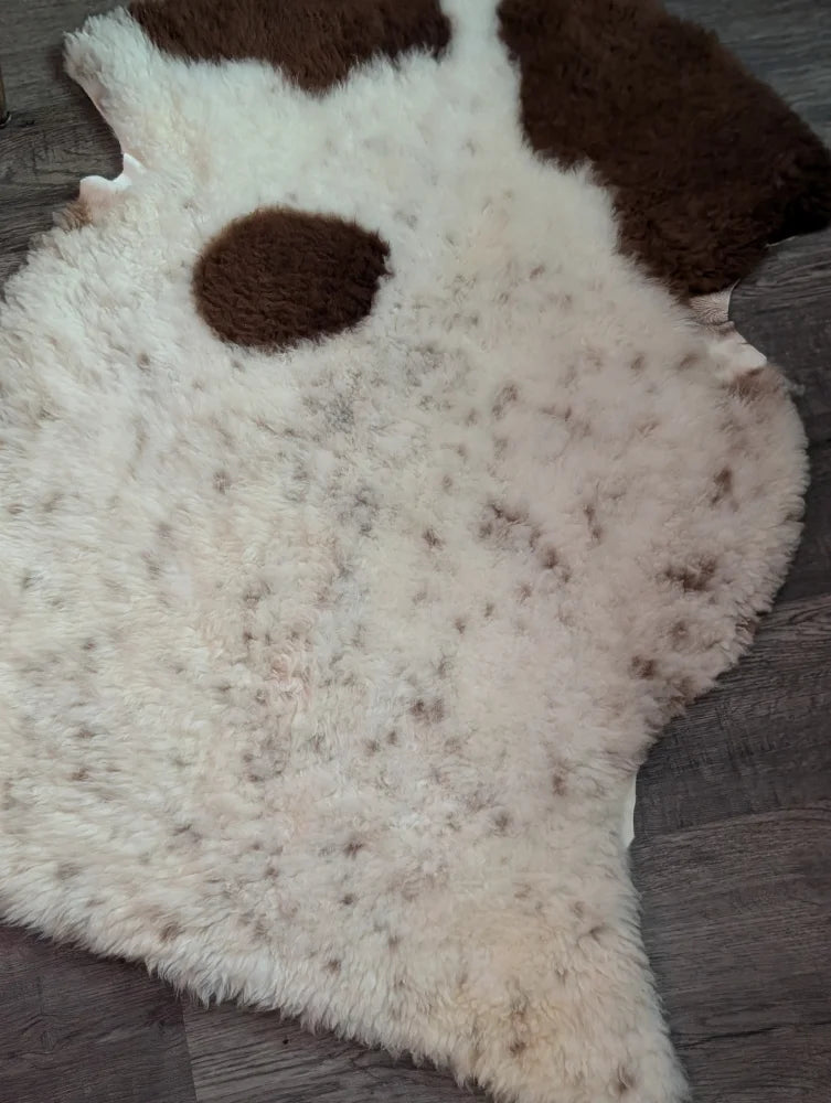 A cream-colored tibet highland spotted grade a- sheepskin rug with brown speckles and dark patches resembling ears