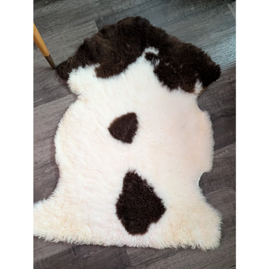A plush cream-colored tibet highland spotted grade a- sheepskin rug with dark brown patches shaped like a cow face