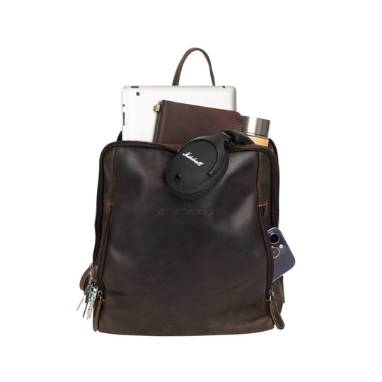 Leather backpack Anna GW193042 with headphones, tablet, keys inside