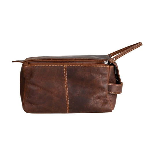 Brown leather travel wash bag Darwin TB797 with stitching and zipper