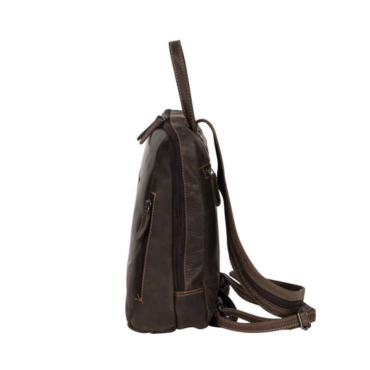 Dark brown Leather Backpack Anna GW193042 with stitching and zippers