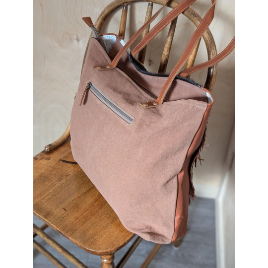 #4 oakley bag dusty rose canvas tote with tan real cowhide handles and front zip pocket spacious for daily use