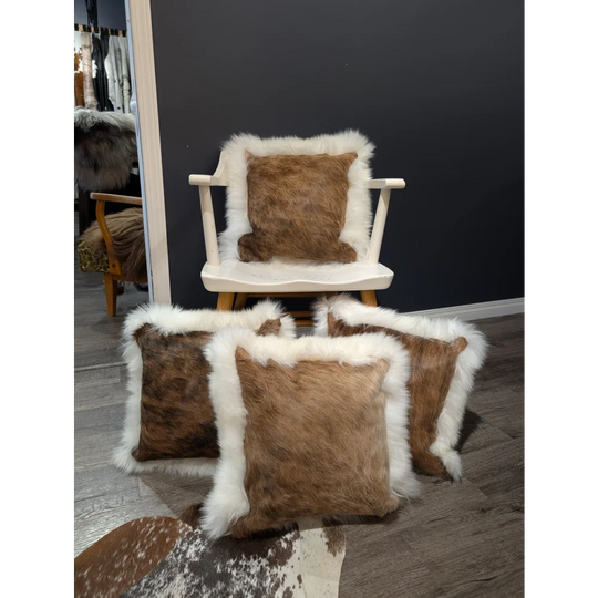 Brown cowhide merino sheepskin cushion with white fur trim one of a kind throw pillow for cozy decor