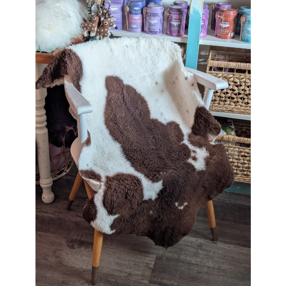 Brown and white highland spotted grade a- sheepskin rug draped over a wooden chair for cozy decor