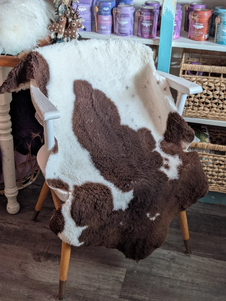 Brown and white highland spotted grade a- sheepskin rug draped over a wooden chair for cozy decor