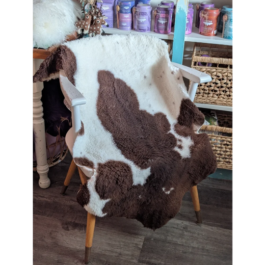 Brown and white highland spotted grade a- sheepskin rug draped over a wooden chair for cozy decor