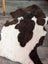 A plush highland spotted grade a- sheepskin rug with natural brown and white spots in an irregular cowhide shape