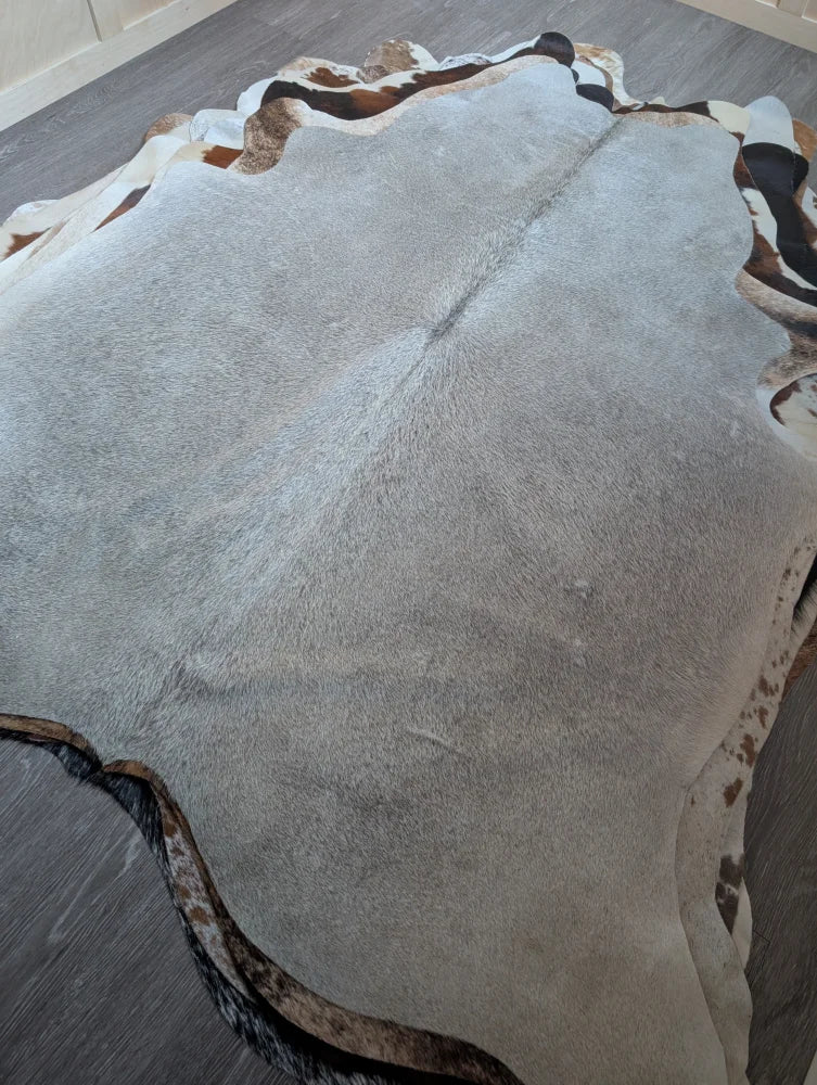 A lovely large cowhide rug in light gray with natural edges and brown and black patches measuring 77.5 x 66 inches