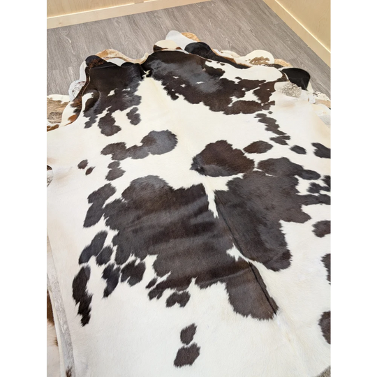 A lovely large cowhide rug in black and white spotted natural cowhide measuring 77 by 64 inches