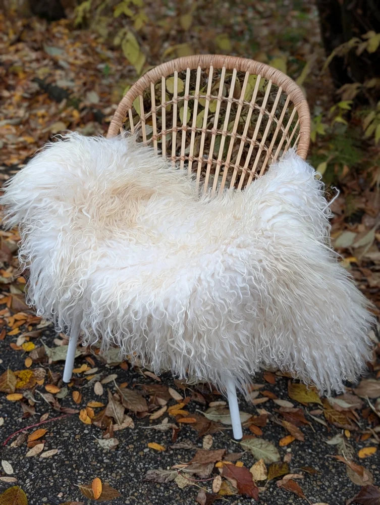 A plush natural white icelandic sheepskin long wool throw draped over a woven wicker chair with white legs