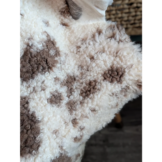 A plush cream and brown highland spotted sheepskin blanket with soft curly grade a- wool texture