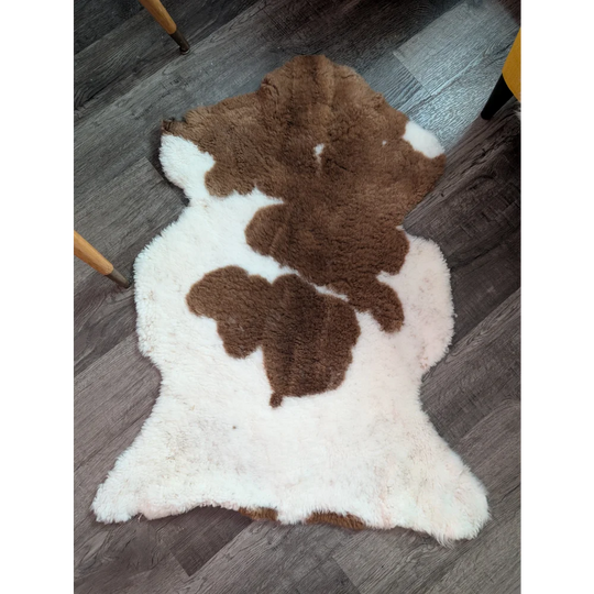 Brown and white plush highland spotted sheepskin rug grade a- with fluffy texture ideal for cozy decor