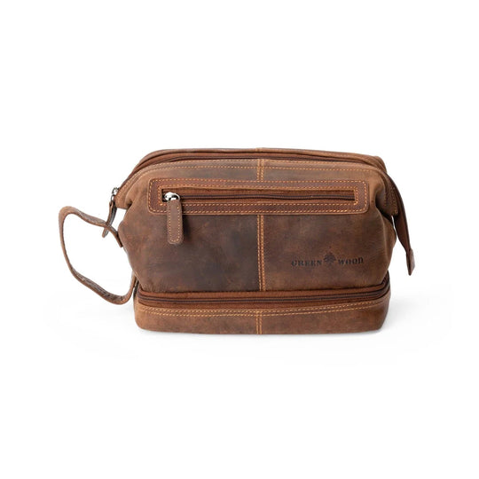 Napier leather toiletry bag in brown with stitched seams, top handle, sturdy zipper