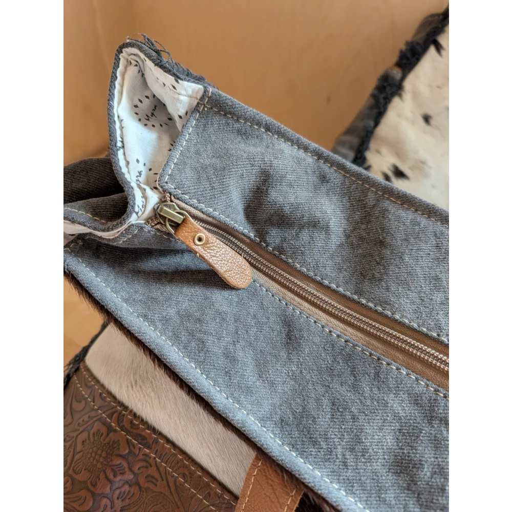 Gray denim tote bag with tan leather zipper pull and contrast stitching from angus oliver matty affair canvas collection