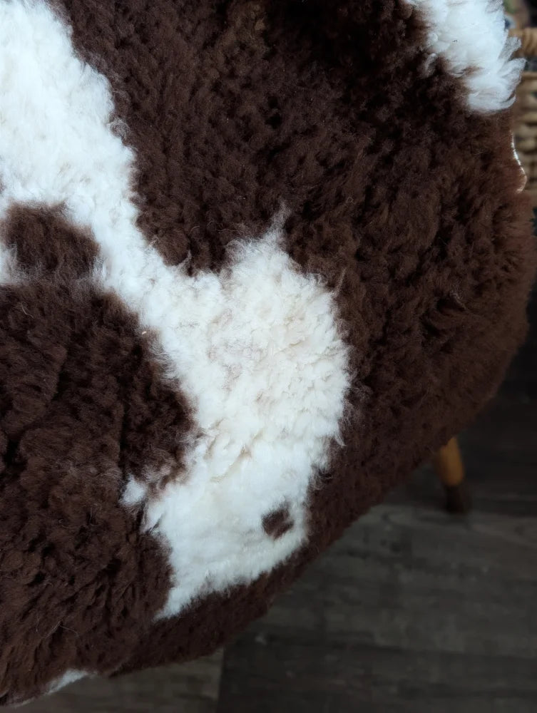 A plush brown and white highland spotted sheepskin chair cover with soft fluffy texture grade a- sheepskins