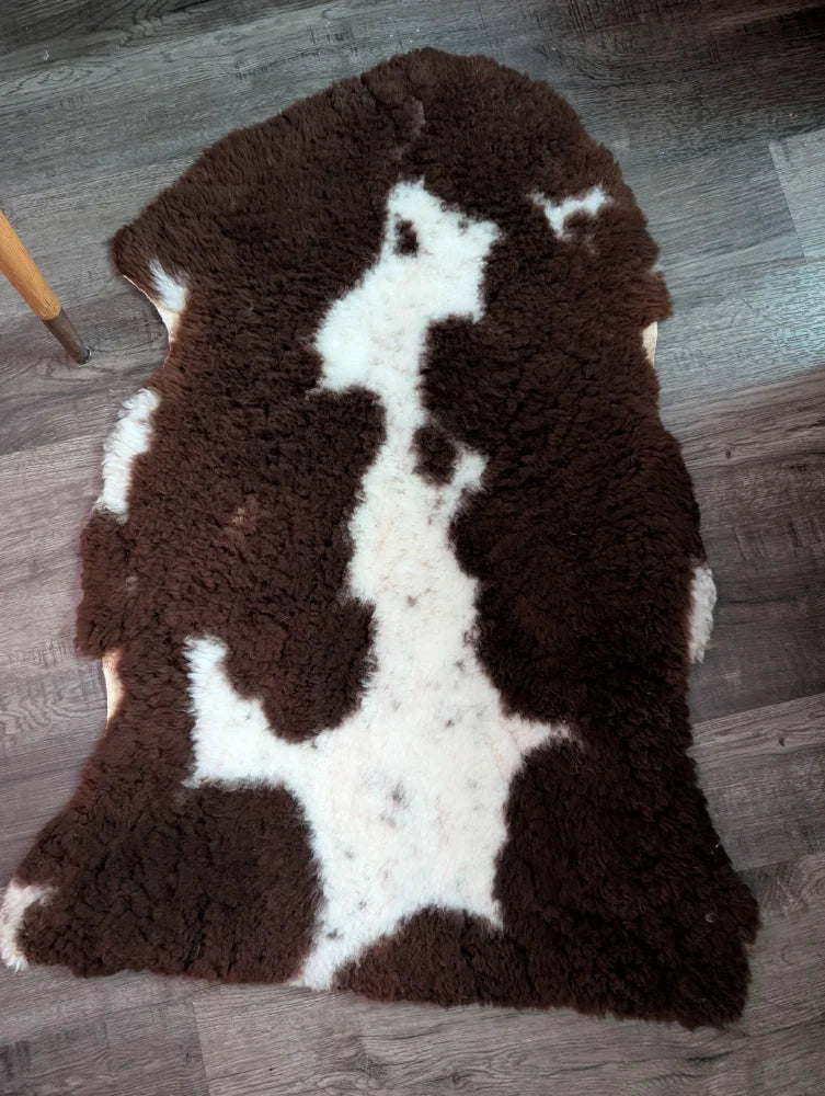 Brown and white highland spotted grade a- sheepskin rug with plush soft texture for cozy home decor
