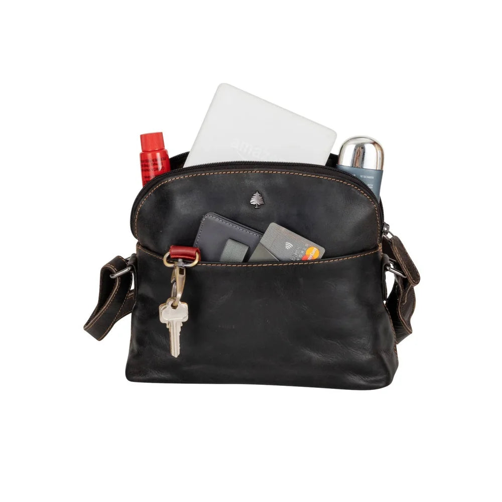 Honey leather shoulder bag with black leather crossbody design and tree logo