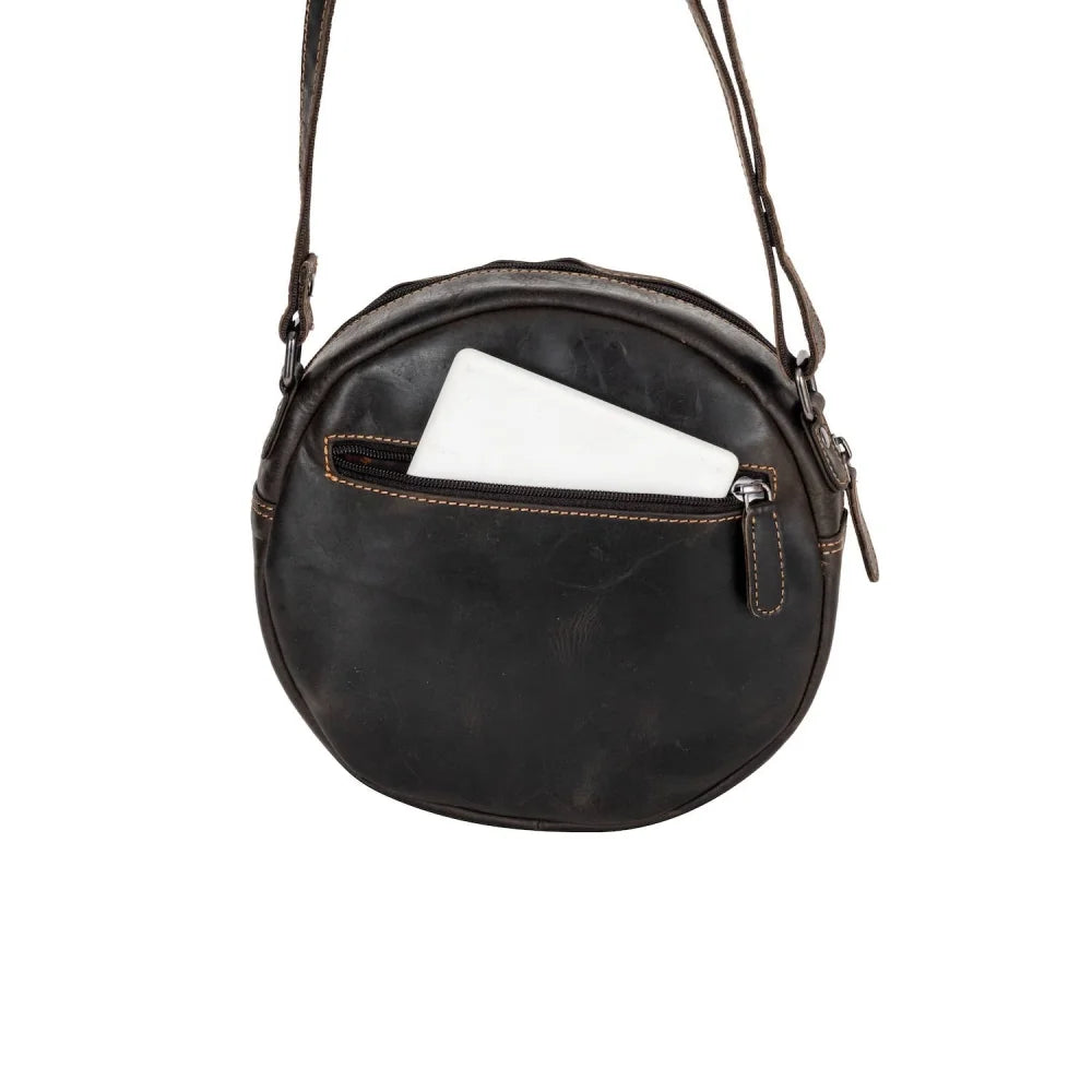 Sandy leather shoulder bag with dark brown leather and front zipper compartment