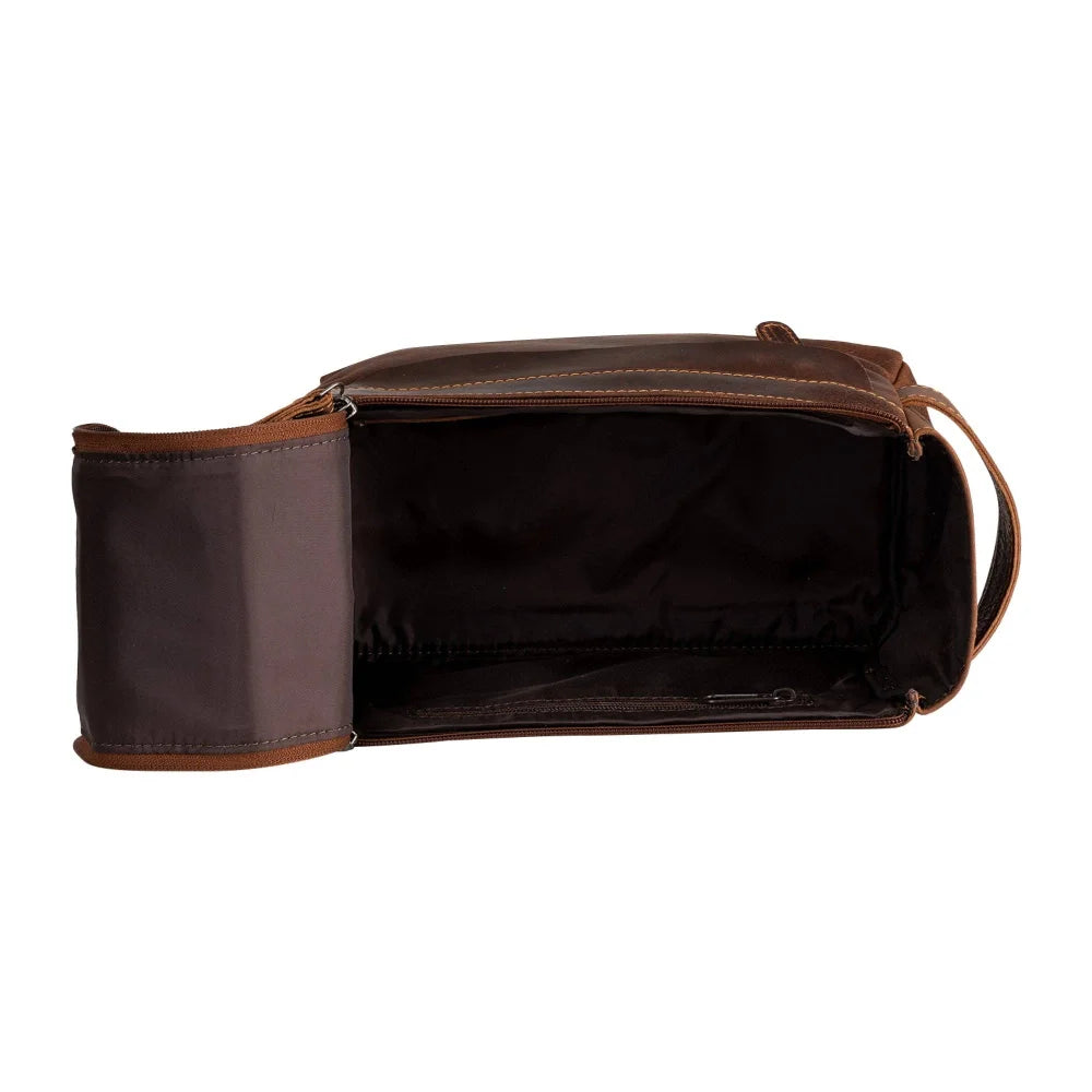 Brown leather travel wash bag Darwin TB797 with zipper and stitching