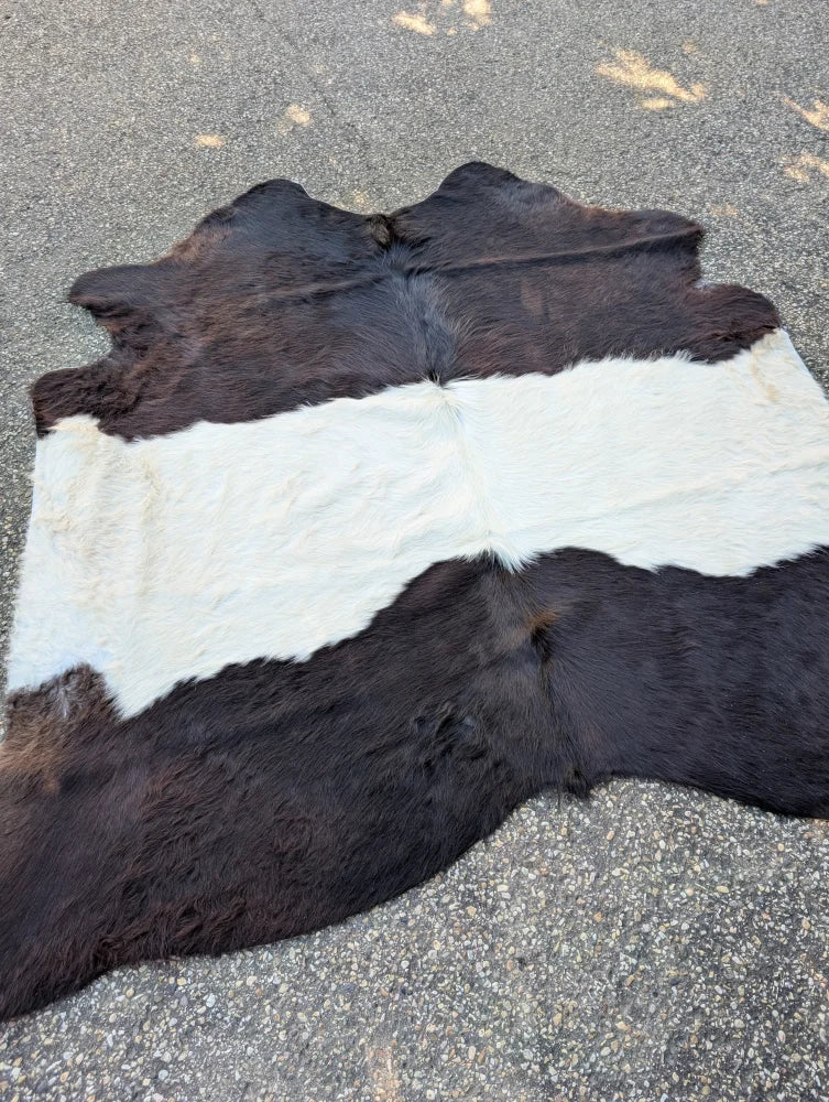 Large black and white belted galloway cowhide rug with unique characteristics and beautiful irregular patterns