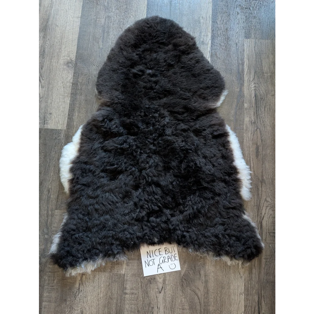 Black and white standard grade short wool white icelandic sheepskin rug with plush curly texture
