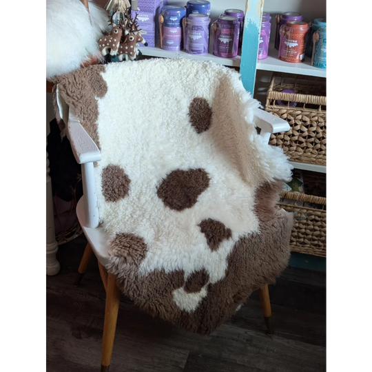A cozy cream and brown highland spotted grade a sheepskin throw draped over a white chair