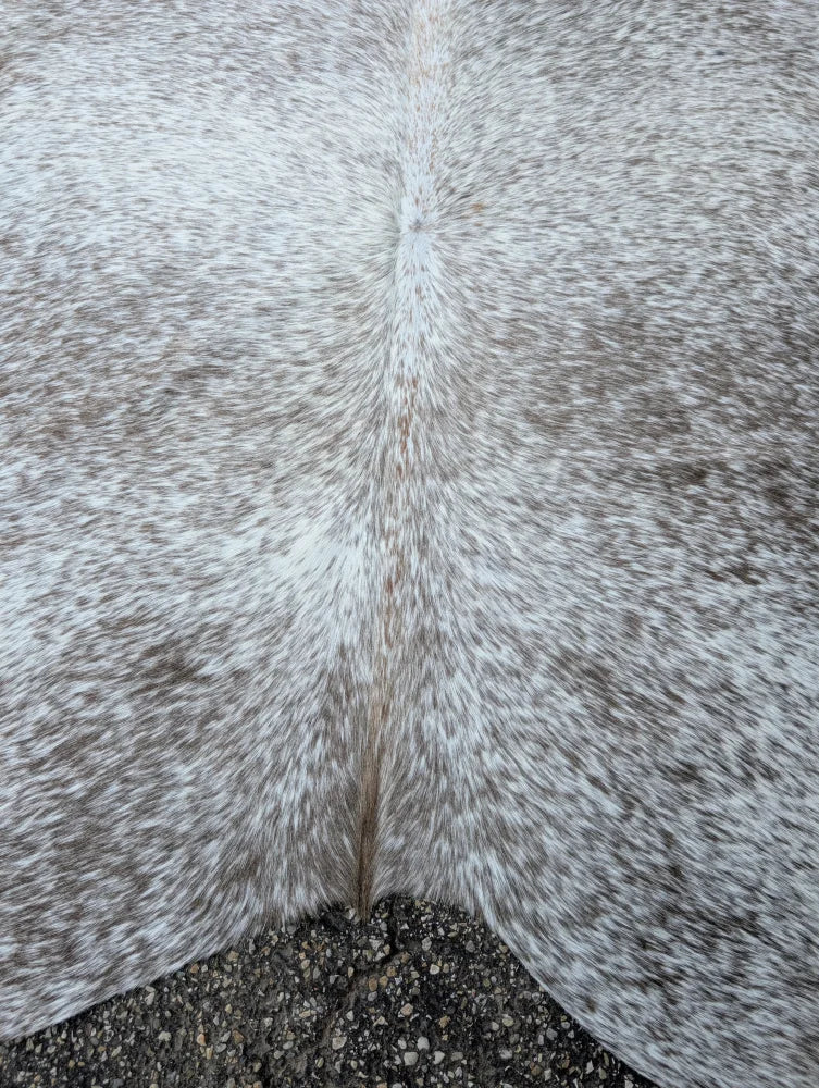 Large 89 x 77 gray mix 7 cowhide rug with speckled natural fur texture and unique characteristics for rustic charm