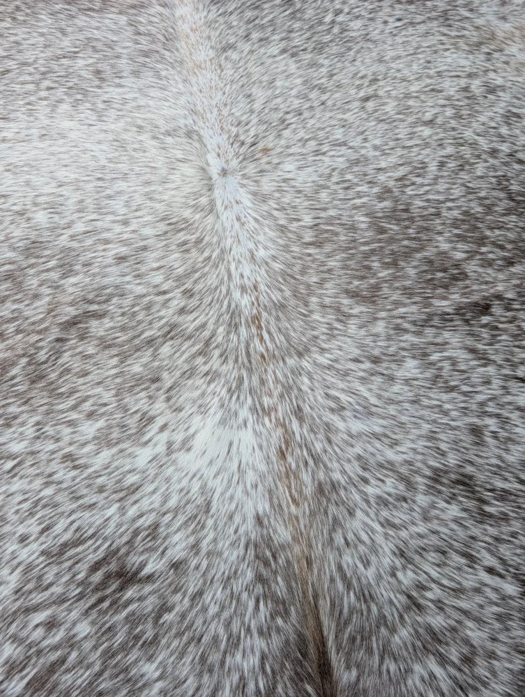 Large 89 x 77 gray mix #7 cowhide rug with gray and white speckled pattern and rustic charm unique characteristics