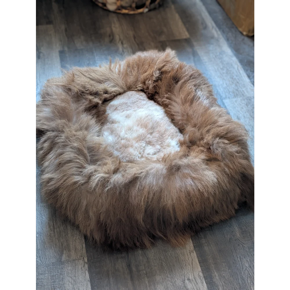 Cozy #9 Long Wool highland sheepskin pet bed with brown fur and white underside