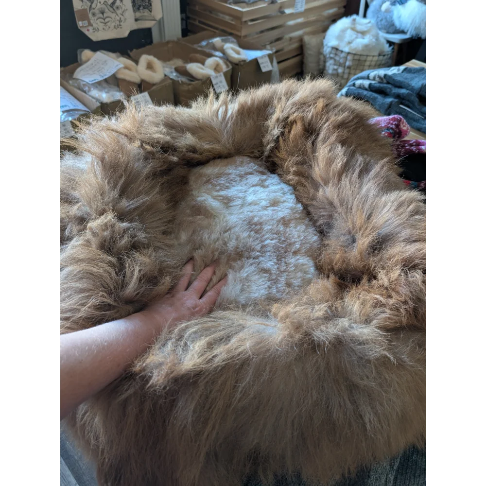 Cozy #9 long wool highland sheepskin pet bed with natural brown fur and soft white wool core