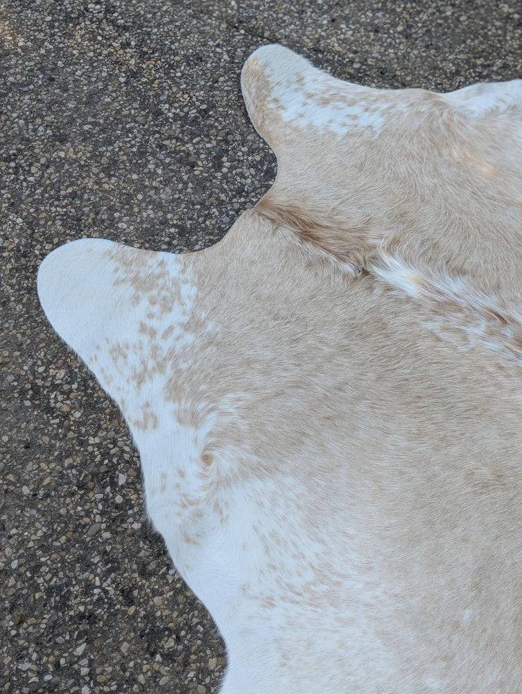 92 x 81 inch large cowhide rug in natural tan and white with soft fur and unique characteristics for rustic charm