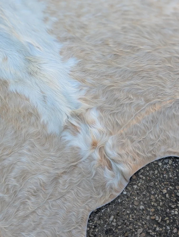 98 x 89 large cowhide rug with unique characteristics and rustic charm in creamy white and light beige fur patchwork