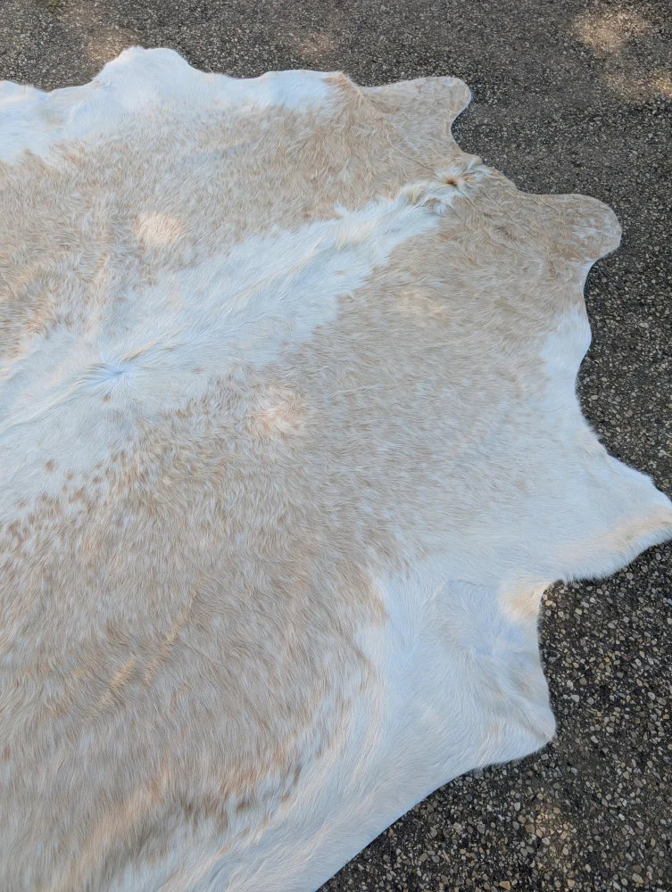 98 x 89 large cowhide rug in natural white and beige with soft fluffy texture and unique rustic charm