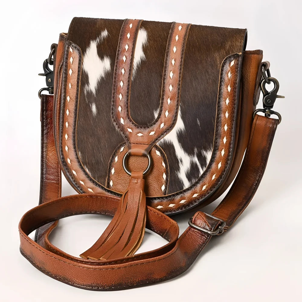 Gorgeous hair-on cowhide cross body bag ADBG1610 with tan trim tassel