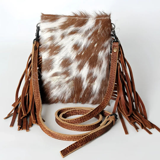 Brown and white genuine leather cowhide crossbody bag with fringe straps, Angus Oliver Canada