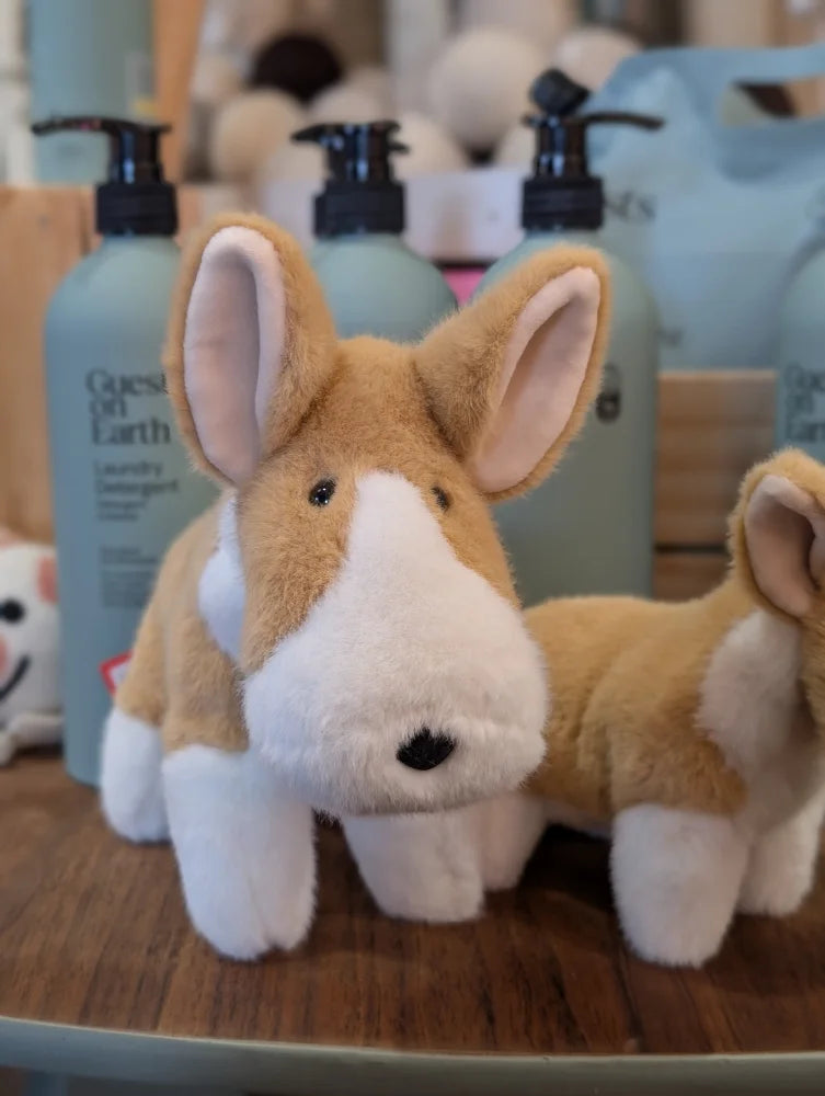 Adorable carl the corgi large size plush dog toy in tan and white with soft fuzzy fur and stitched black eyes
