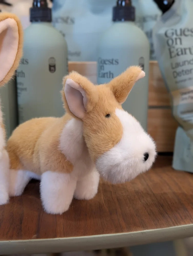 A large size adorable carl the corgi plush toy dog with tan and white fur soft ears and a friendly face