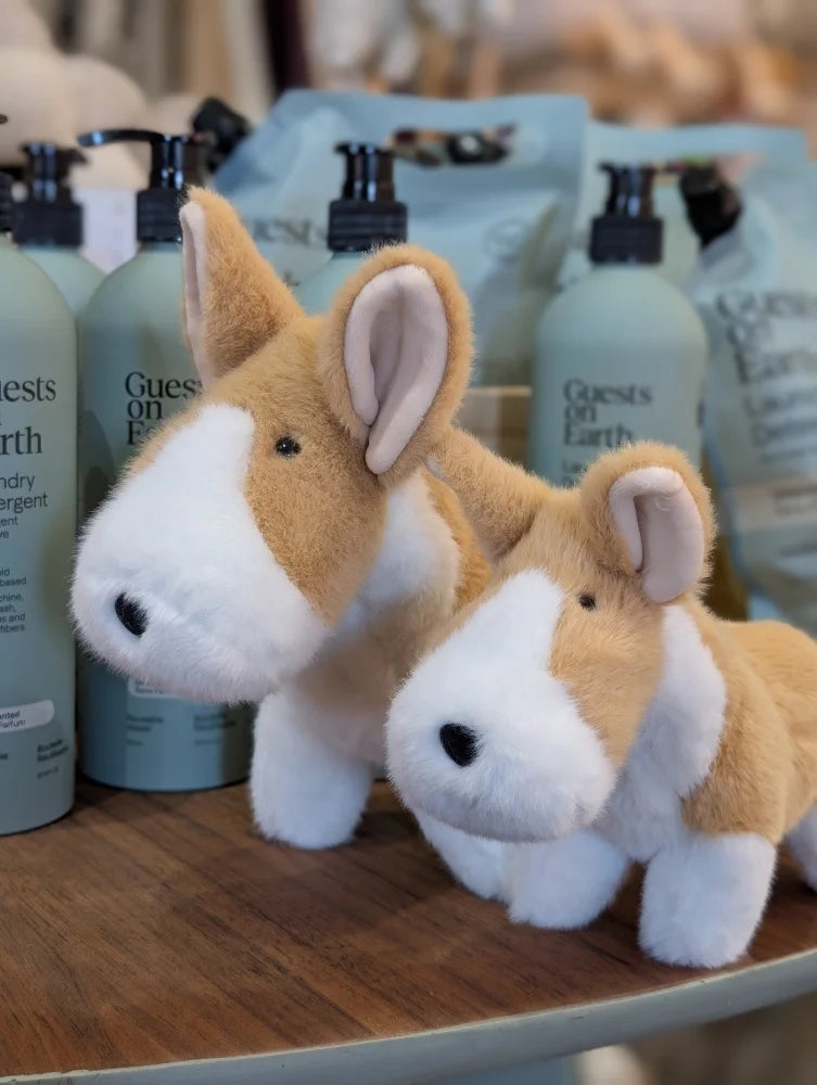 Adorable carl the corgi large size plush toy with tan and white fur made of soft stuffed material