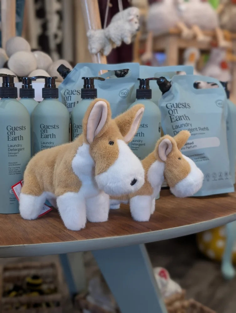 Cute tan and white large size plush rabbit toys with soft fabric bodies and embroidered facial features for cuddling