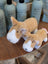 Soft tan and white plush cow toys with black button eyes large size perfect for cuddling and decor