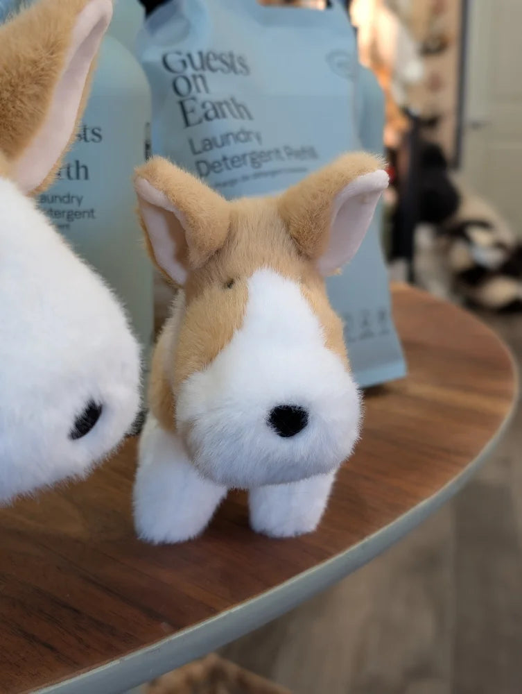 Adorable carl the corgi plush toy with tan and white fur black button eyes large size soft stuffed body