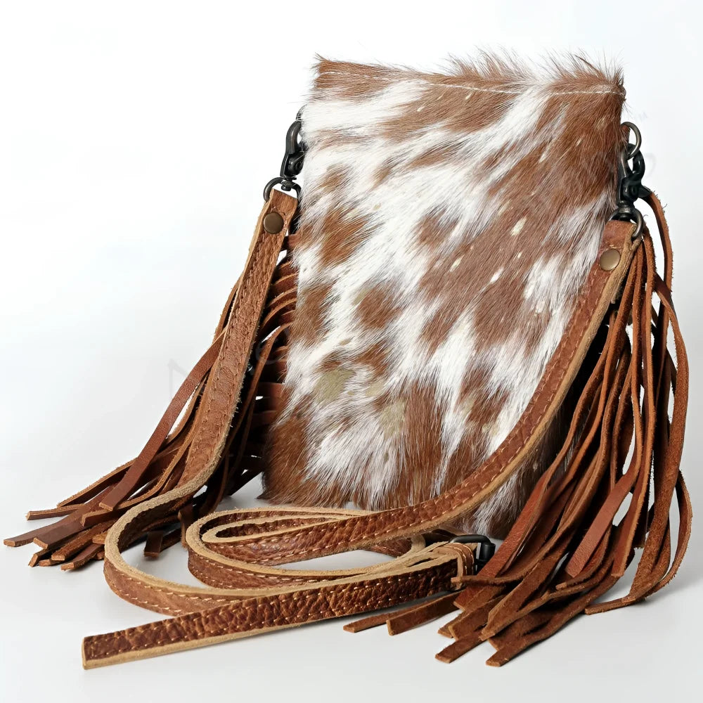 Genuine leather brown cowhide crossbody bag with fringe, Angus Oliver Canada