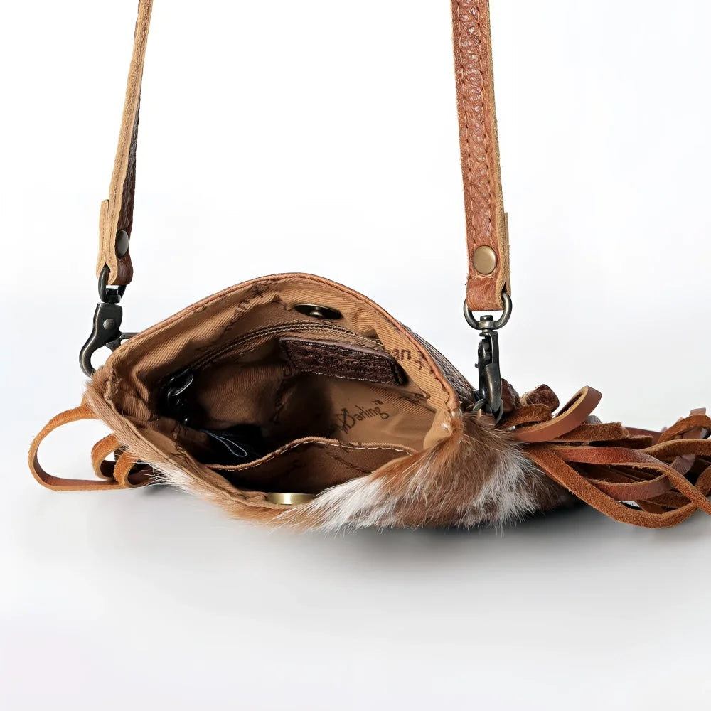 Genuine leather Chaps crossbody bag with fringe, faux fur, Canada style