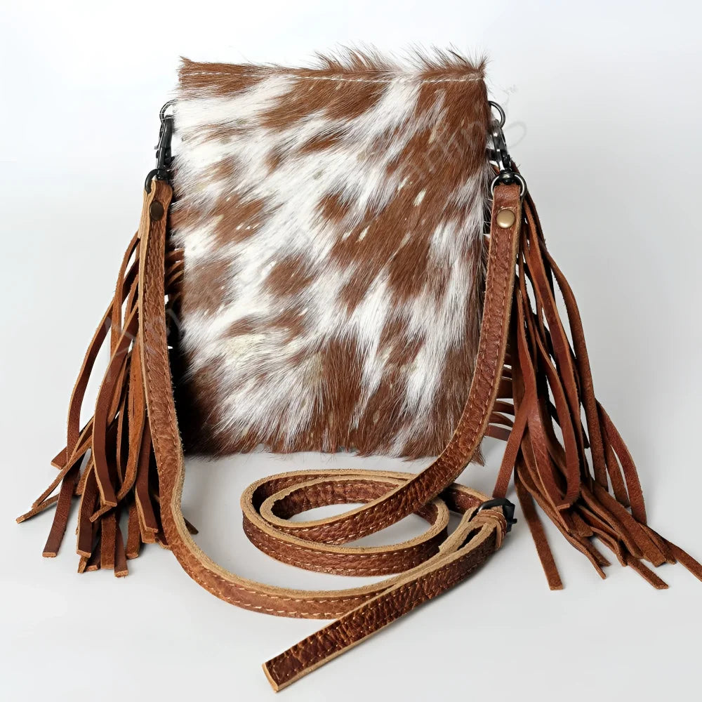 Brown and white genuine leather cowhide crossbody bag with fringe straps, Angus Oliver Canada