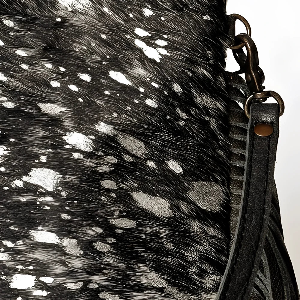 Black white spotted genuine leather Angus Oliver cowhide crossbody bag Canada